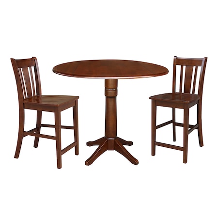 International Concepts Round 42 in Rd Ped Gathering Ht Table, 2 Counter Ht Stools, Espresso, 42 W, 42 L, 36.3 in H, Wood K581-42DPT-27-S102-2